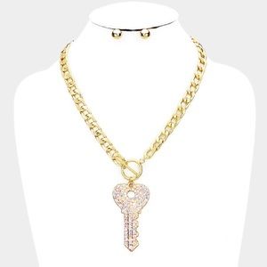 Gold Cuban link AB Rhinestone heart key pendant toggle closure necklace